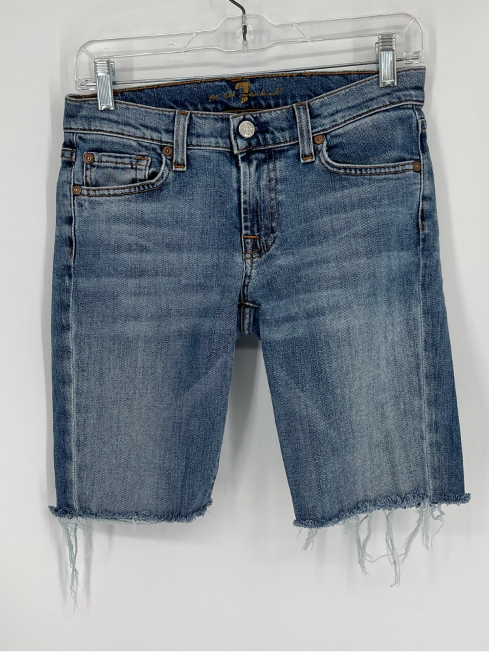7 For All Mankind Medium Wash Distressed Denim Bermuda Shorts